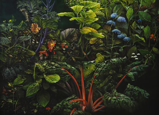 Red chard and dahilas by Helena Parada Kim contemporary artwork Painting