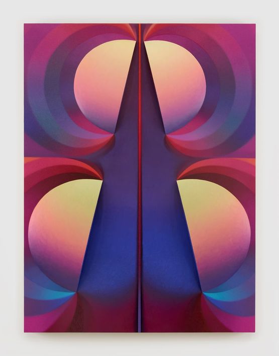 Split Orbs in yellow-orange purple red and blue by Loie Hollowell contemporary artwork Painting