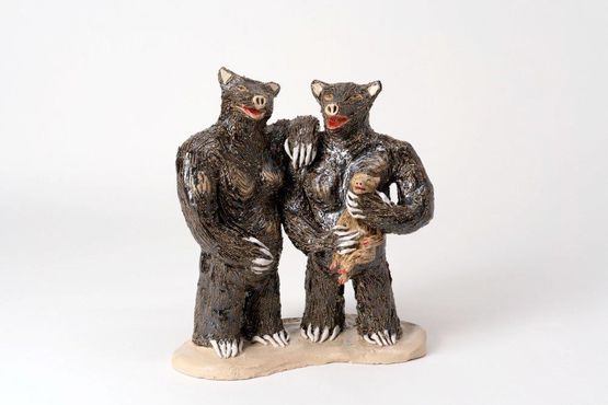 The Camataru Brothers Romanias most famous loan - sharks with their monkey they vaccinated so they could bring it to the mall by Ioana Maria Sisea contemporary artwork Sculpture