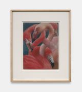 Flamingos on Blue by Holly Lowen contemporary artwork drawing works on paper