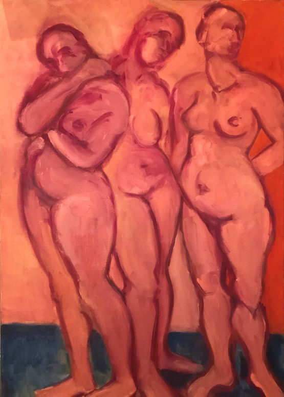 Three standing women by Kalliopi Lemos contemporary artwork Painting
