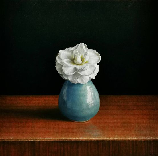 A White Camellia in a Kyoto Vase by Tzu-Chi Yeh contemporary artwork Painting