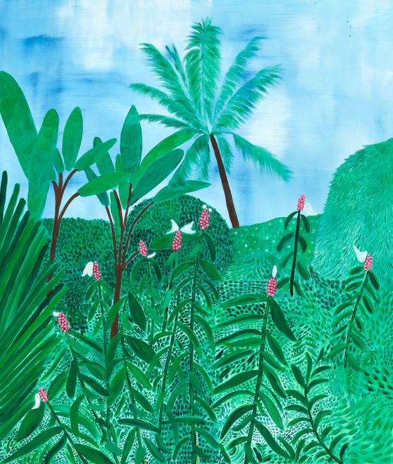 Tropical Landscape with Palm by Sally Ross contemporary artwork Painting