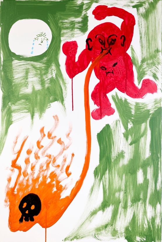 red boy fights monkey but in this story nothing is left of monkey guanyin ascended long ago by Jason Phu contemporary artwork Painting