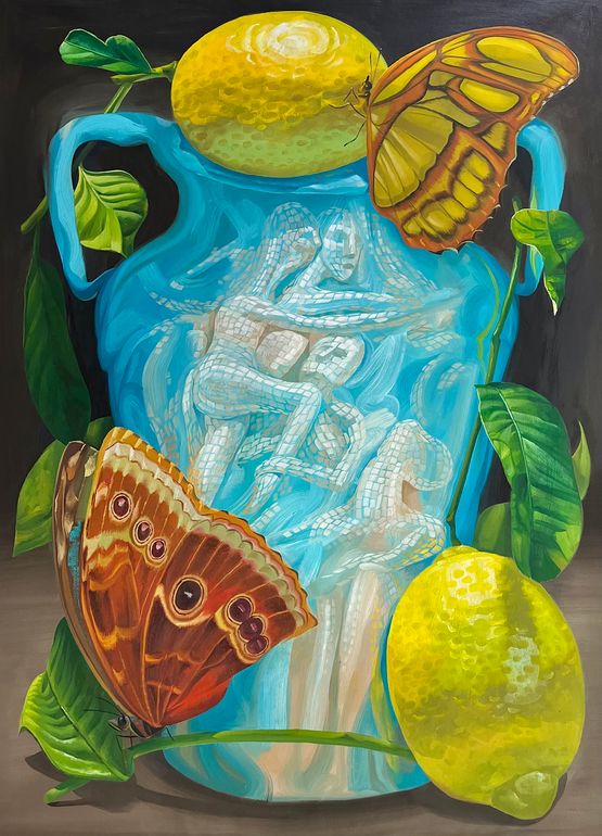 Turquoise vase with Lemons by Gerald Davis contemporary artwork Painting