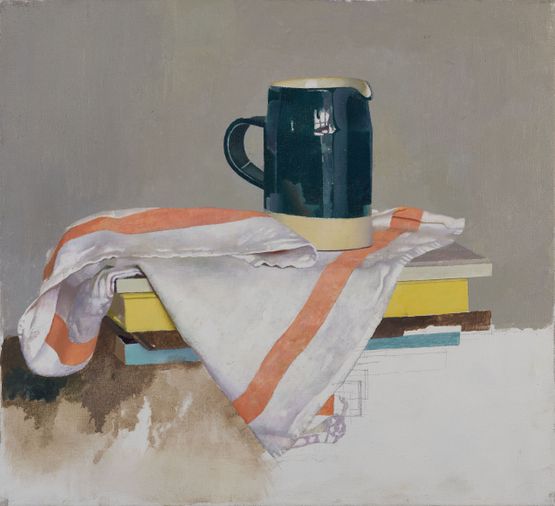Dark Green Jug and Striped Cloth by Diarmuid Kelley contemporary artwork Painting