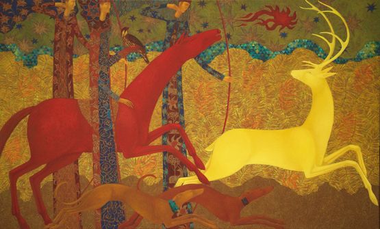 Golden Deer Chase by Timur DVatz contemporary artwork Painting