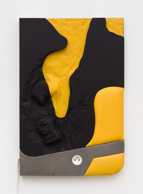 Cans on yellow and black by Neil Beloufa contemporary artwork Sculpture