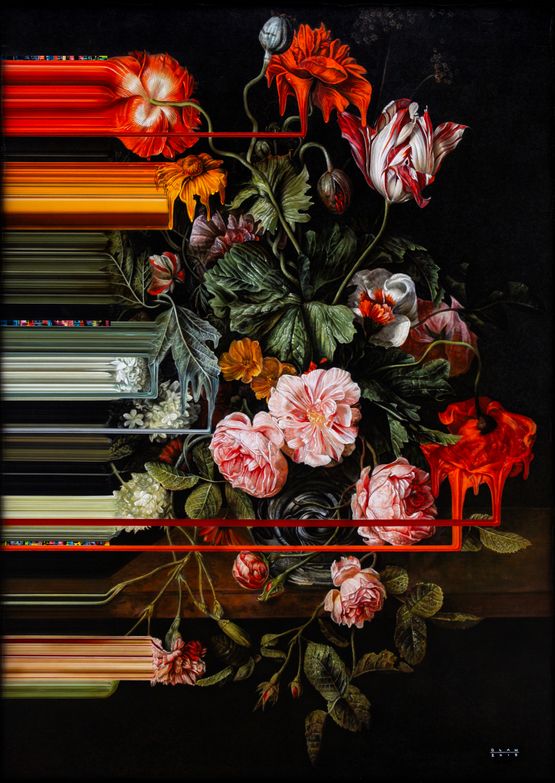 Still Life with Parrot Tulip Poppies Roses and Snowball by Olan Ventura contemporary artwork Painting