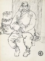 Shandong Farmers Man Seated On Bench by Liu Dan contemporary artwork works on paper drawing