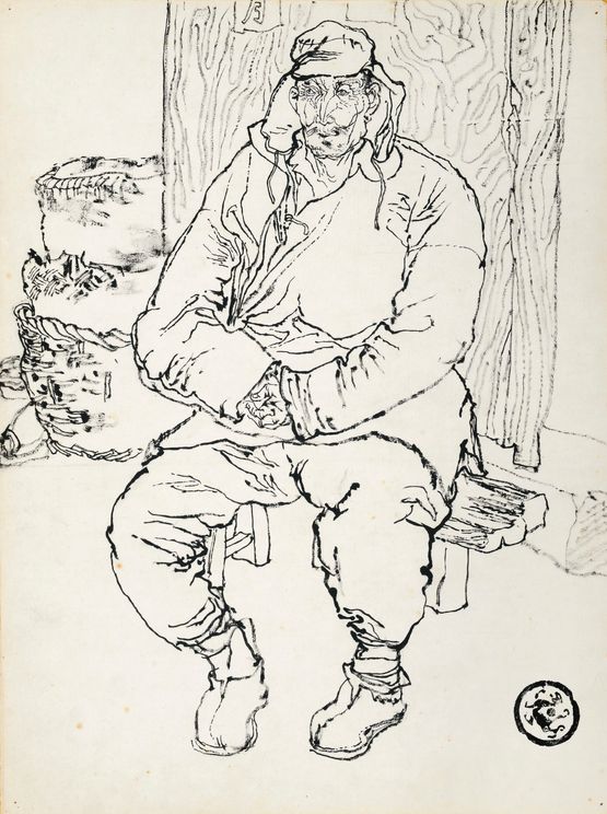Shandong Farmers Man Seated On Bench by Liu Dan contemporary artwork Works on Paper