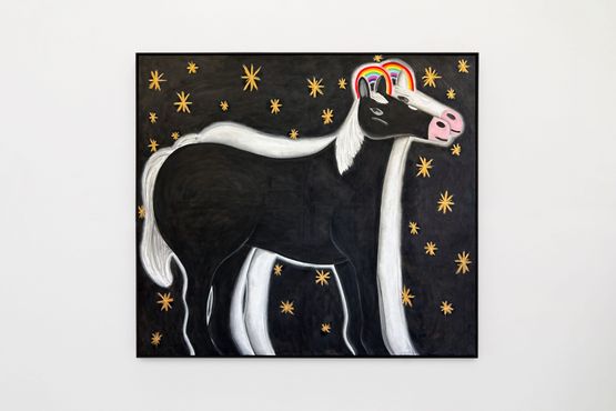 portrait of a white and a black horse with rainbows and stars by Andrew Sim contemporary artwork Painting