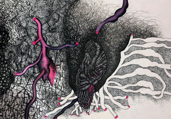 Blooded flowerscape by Pakkiyarajah Pushpakanthan contemporary artwork Works on Paper