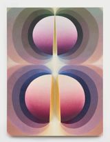 Split orbs in purple mauve and green by Loie Hollowell contemporary artwork painting works on paper