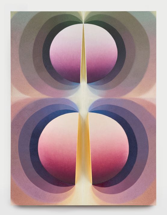 Split orbs in purple mauve and green by Loie Hollowell contemporary artwork Painting