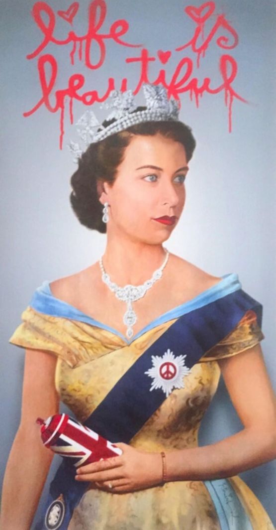 Queen Elizabeth II by Mr. Brainwash contemporary artwork Works on Paper