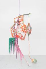 Nos diables rouges nos derives commotions the hunter has a single arrow his omniscient eyes bon chemin chaque bon matin chemin chien cible fleche et boulet by Julien Creuzet contemporary artwork sculpture textile