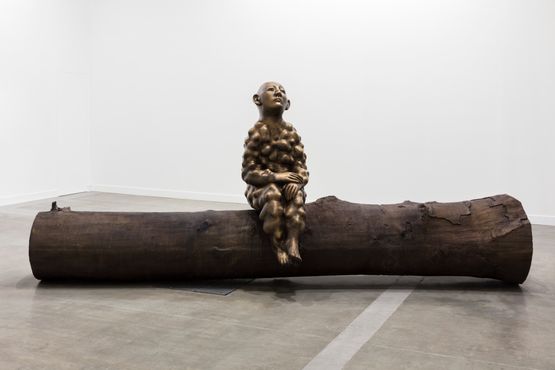 Bumpman on a tree trunk by Paloma Varga Weisz contemporary artwork Sculpture