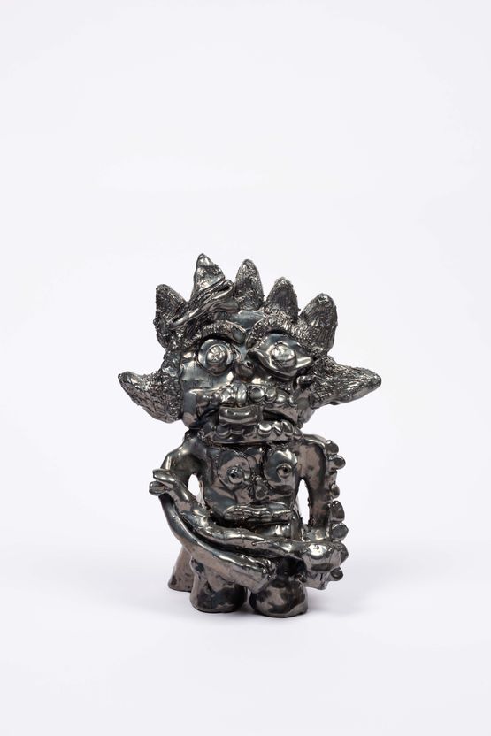 Silver figure with snake by Ramesh Mario Nithiyendran contemporary artwork Sculpture