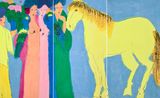 Four Oriental Beauties with a Yellow Horse and Two Parrots by Walasse Ting contemporary artwork painting works on paper