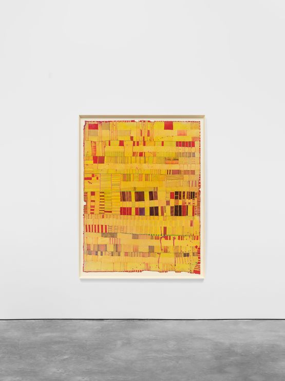 Yellow purple and red lines by Huguette Caland contemporary artwork Painting