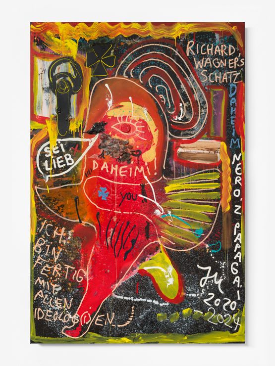DEIN PAPAGEI LANGSTRUMPF LIEBT RICHARD WAGNERZ also DICH by Jonathan Meese contemporary artwork Painting