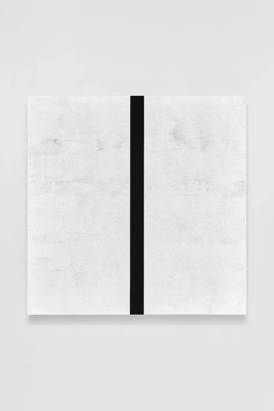 Untitled White with Narrow Black Band Horizontal Strokes Beveled by Mary Corse contemporary artwork Painting