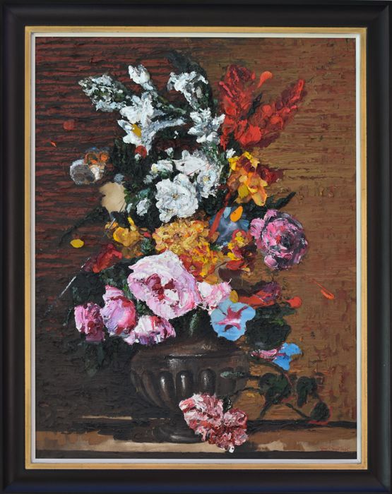 After Abraham BreughelRoses Jasmine Primrose and Other Flowers in an Urn on a Stone Ledge by Frans Smit contemporary artwork Painting