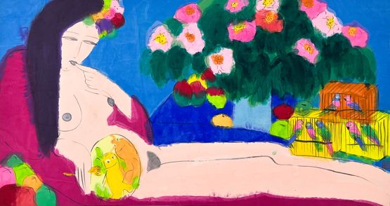 Reclining Beauty Watching Love Birds by Walasse Ting contemporary artwork Painting