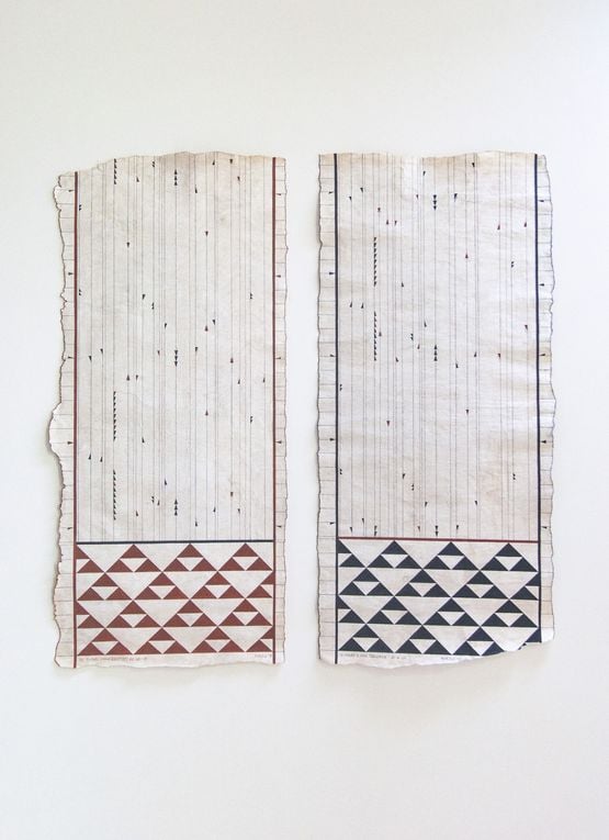 Te Tipare o Hineraumati The Crown of the Summer Goddess. Summer Solstice 22.12.2019 left Te Tipare o Hinetakurua The Crown of the Winter Goddess. Winter Solstice 21.06.2020 right by Nikau Hindin contemporary artwork Textile
