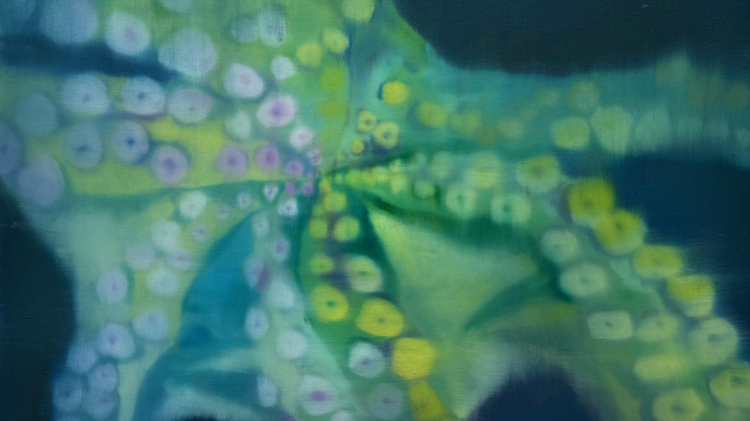 Imogen Allen, The Dance of the Cephalopod (2024) (Detail). Oil on canvas. 76.5 x 76.5 cm. Courtesy UNIT, London