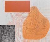 Joven banandose en una fuente observada por dos viejos Orange by Juliao Sarmento contemporary artwork drawing painting works on paper