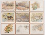 Entangled layers of the spectral rivers of the Wimmera plains  leaf canopy soil crust fungal web invertebrate fauna water and rock by John Wolseley contemporary artwork drawing painting print works on paper