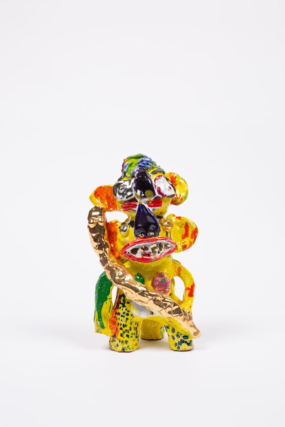 Double headed yellow figure with snake by Ramesh Mario Nithiyendran contemporary artwork Sculpture