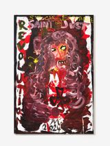 DER BUCHALTER DER DIKTATUR DER KUNST LACHELT DAS GELD IM MAUL VON SICH SELBST DEM SAINT ERZ O-KUNST IS JUST ON by Jonathan Meese contemporary artwork painting
