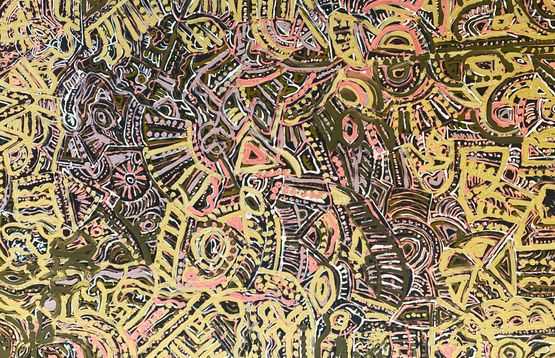 Bush Holiday Dreaming 26-10 by Leon Russell Black contemporary artwork Painting