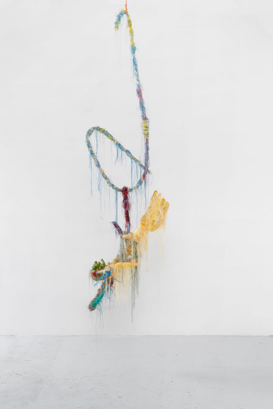 Nos diables rouges nos derives commotions our common necessity we plow the dried-up land chemin deau des marees nous pleurons des perles salees trident jaune by Julien Creuzet contemporary artwork Sculpture