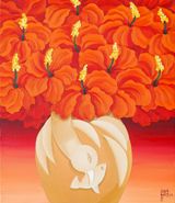 Hibiscus and Bird Catching Fish by Jung Kangja contemporary artwork painting