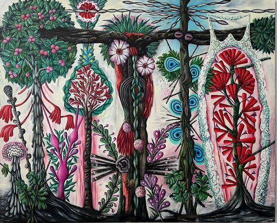 Verschiedene Baumahnliche unverzweigte Kurzsprolinge Blutenpracht rot by Hartmut Neumann contemporary artwork Painting
