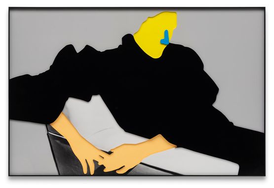 Noses  Ears Etc. Part Two Yellow Face with Blue Nose Flesh Hands Black Dress and Chair by John Baldessari contemporary artwork Mixed Media