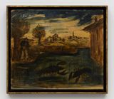 Untitled Paesaggio con astici figure umane e borgo by Luigi Zuccheri contemporary artwork painting
