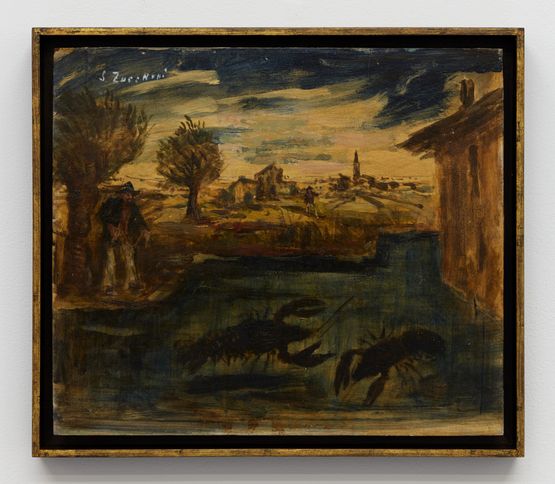 Untitled Paesaggio con astici figure umane e borgo by Luigi Zuccheri contemporary artwork Painting