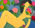 A Nude Beauty Holding a Parrot Fan by Walasse Ting contemporary artwork Painting