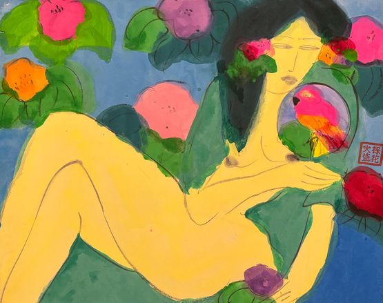 A Nude Beauty Holding a Parrot Fan by Walasse Ting contemporary artwork Painting