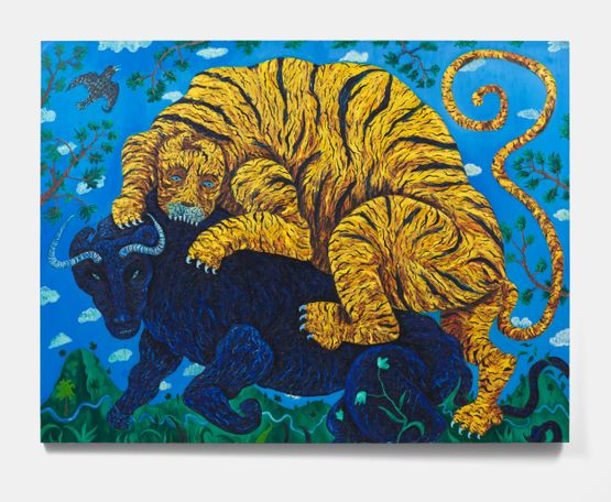 Tiger assaulting bull by Mark Connolly contemporary artwork Painting