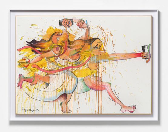 Who are the Two Liberated Femmes Running the Beach by Simon Fujiwara contemporary artwork Painting