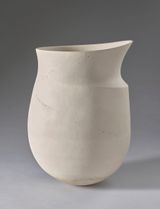 Large Pale Asymmetric Speckled Bands Swooped Rim Stoneware by Jennifer Lee contemporary artwork sculpture