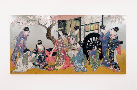 Kitagawa Utamaros Parody of an Imperial Carriage Scene Cherry Blossoms Dancing in the Air - SUPERFLAT by Takashi Murakami contemporary artwork Painting