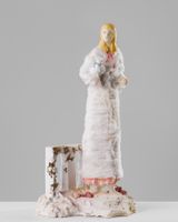 Woman with white dog by Linda Marrinon contemporary artwork sculpture
