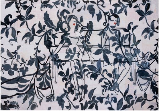 Parkta Iki Kadn iki Dobermanla by Azade Koker contemporary artwork Painting